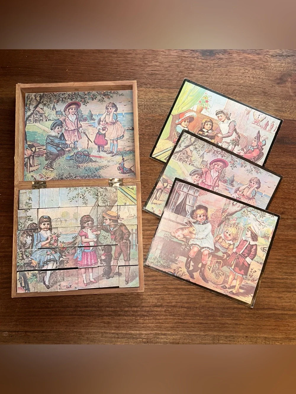 Vintage Complete Victorian 6 Sided Block Puzzle Set Pictures Display Dolls